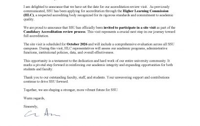 SSU will participate in a site visit as part of the Candidacy Accreditation