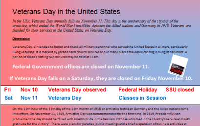 Veterans Day Holiday on 11/1/2017