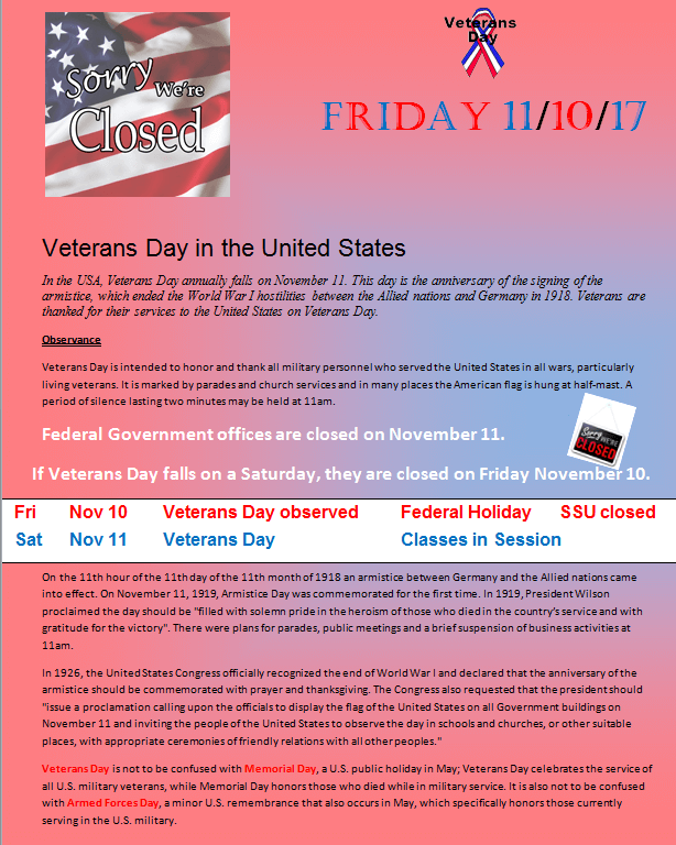 Veterans Day Holiday on 11/1/2017